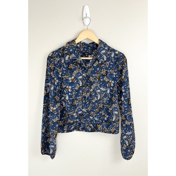 DREW Women’s Sz Sm Blouse‎ Navy Blue Floral Button Front Long Sleeve - Picture 1 of 7